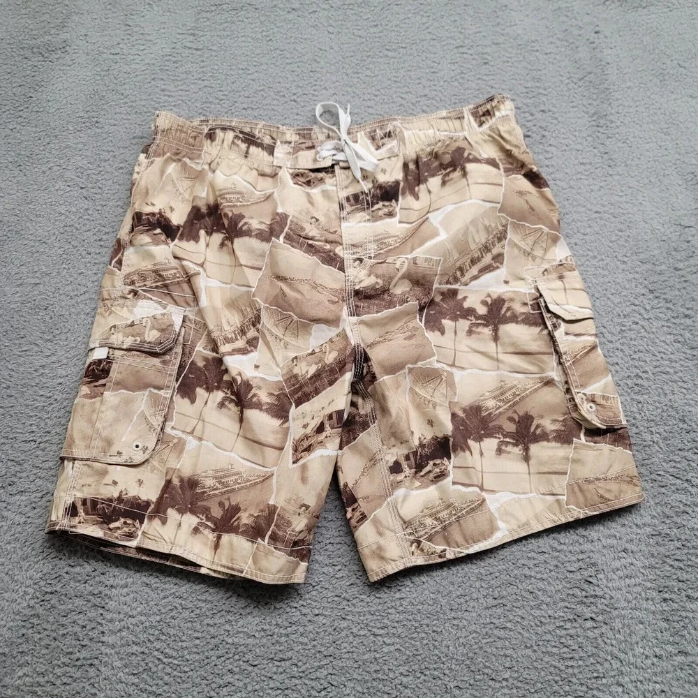 Reel Legends Shorts Mens XL Yellow Brown Swim Trunks Palm Fishing Outdoor Casual